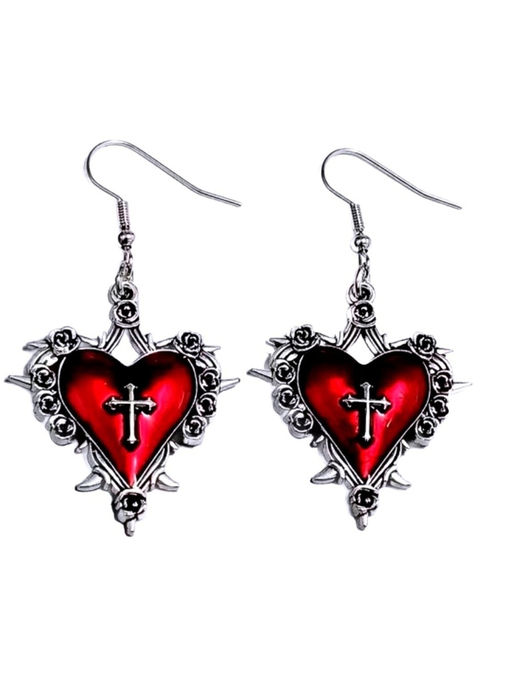 New -Exquisite -Antique Silver w/Red Heart Cross Dangle Drop Earrings